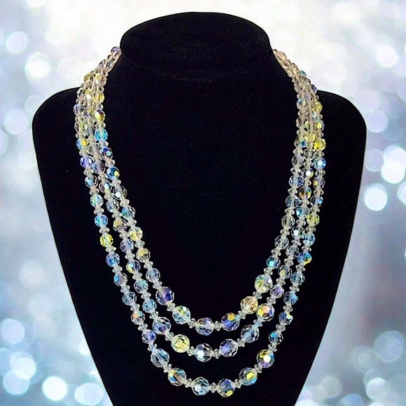 LAGUNA Aurora Borealis Crystal Multistrand Triple Layered Necklace 1950s - Picture 1 of 13